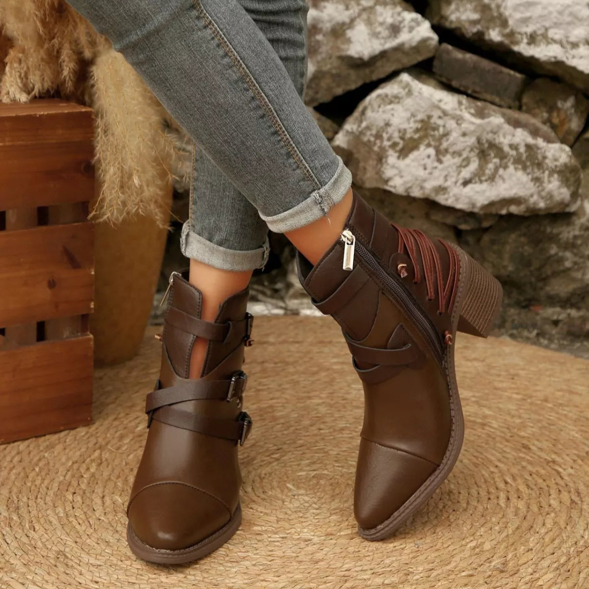 Point Toe Buckle Strap Ankle Boots with Block Heel sole and heel detail