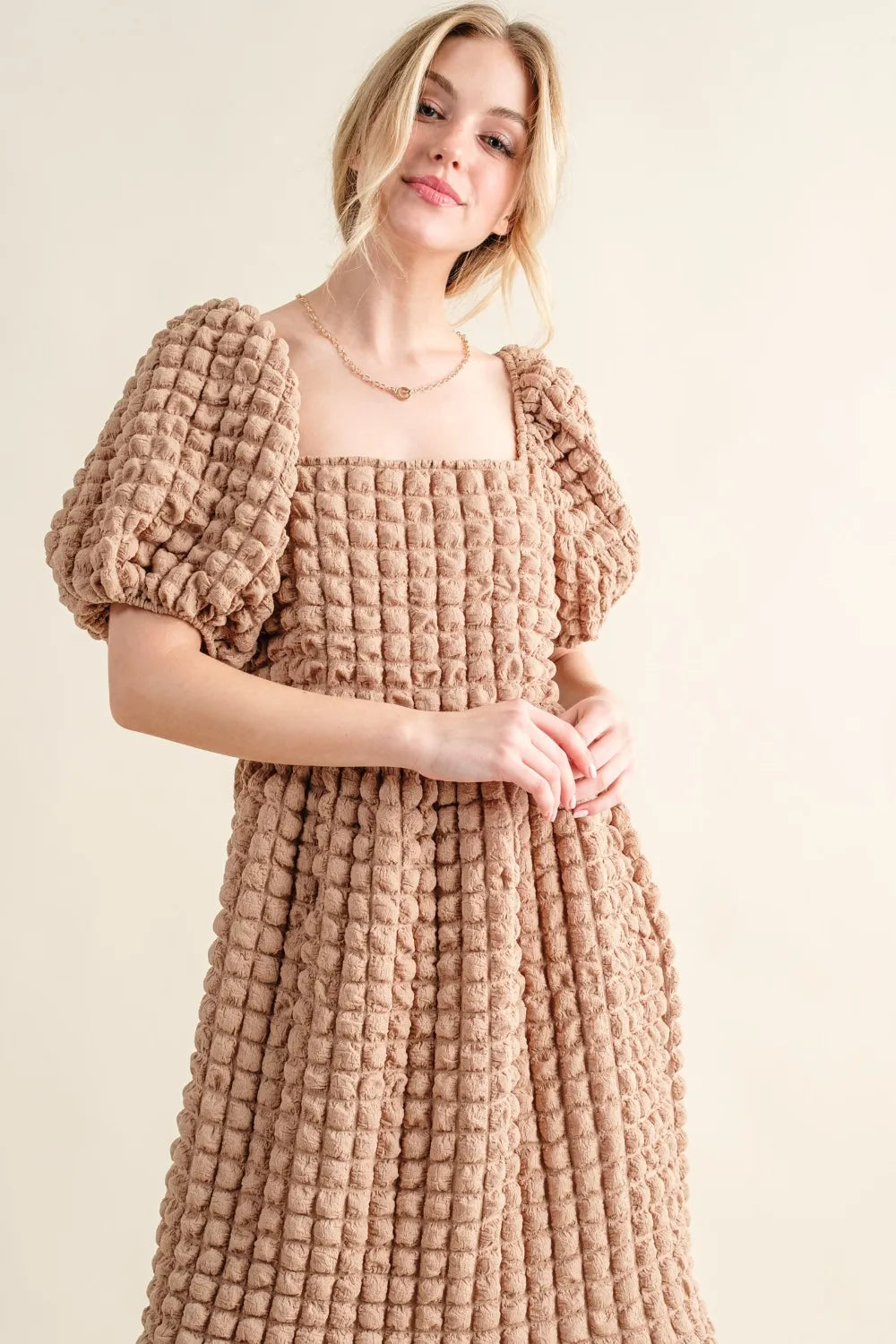 Square Neck Puff Sleeve Dress in Latte detail