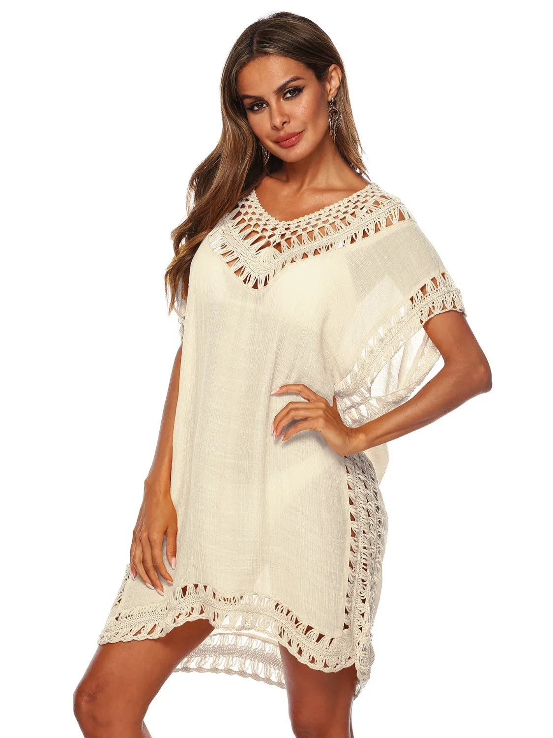 Bohemian Crochet Trim Beach Cover Up Dress Pastel Yellow One Size - Fashorio