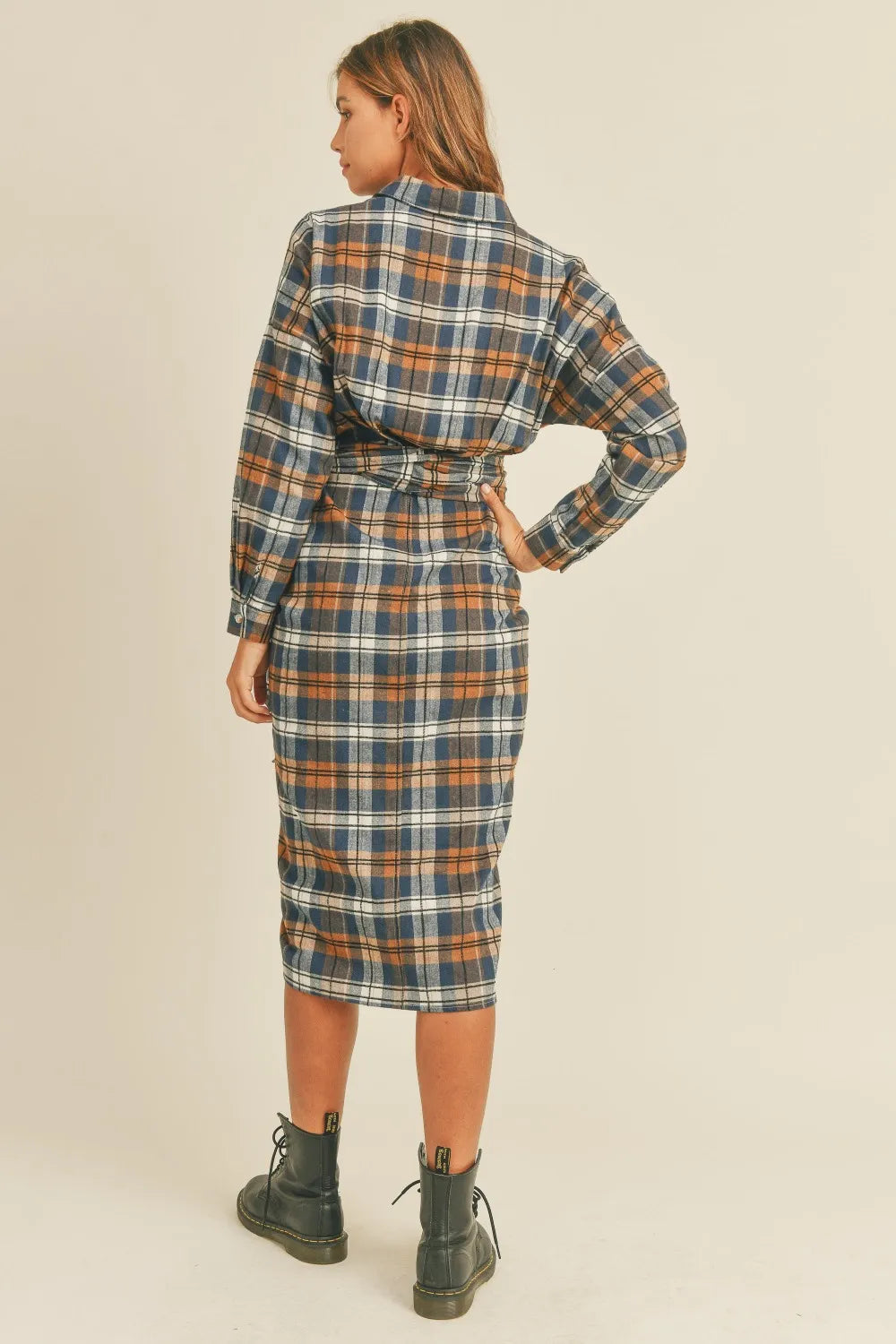 Plaid Flannel Front Tie Button Down Shirt Dress back view