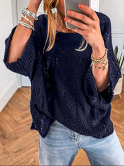 Crochet Long Sleeve Sweater Navy - Fashorio