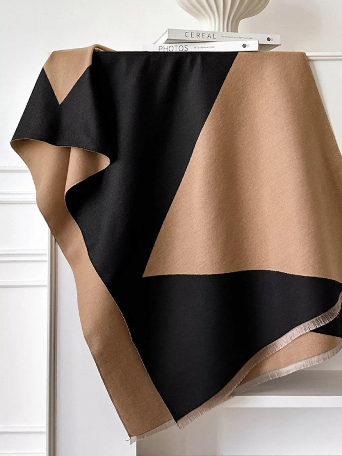 Neutral color block scarf looped for a cozy look