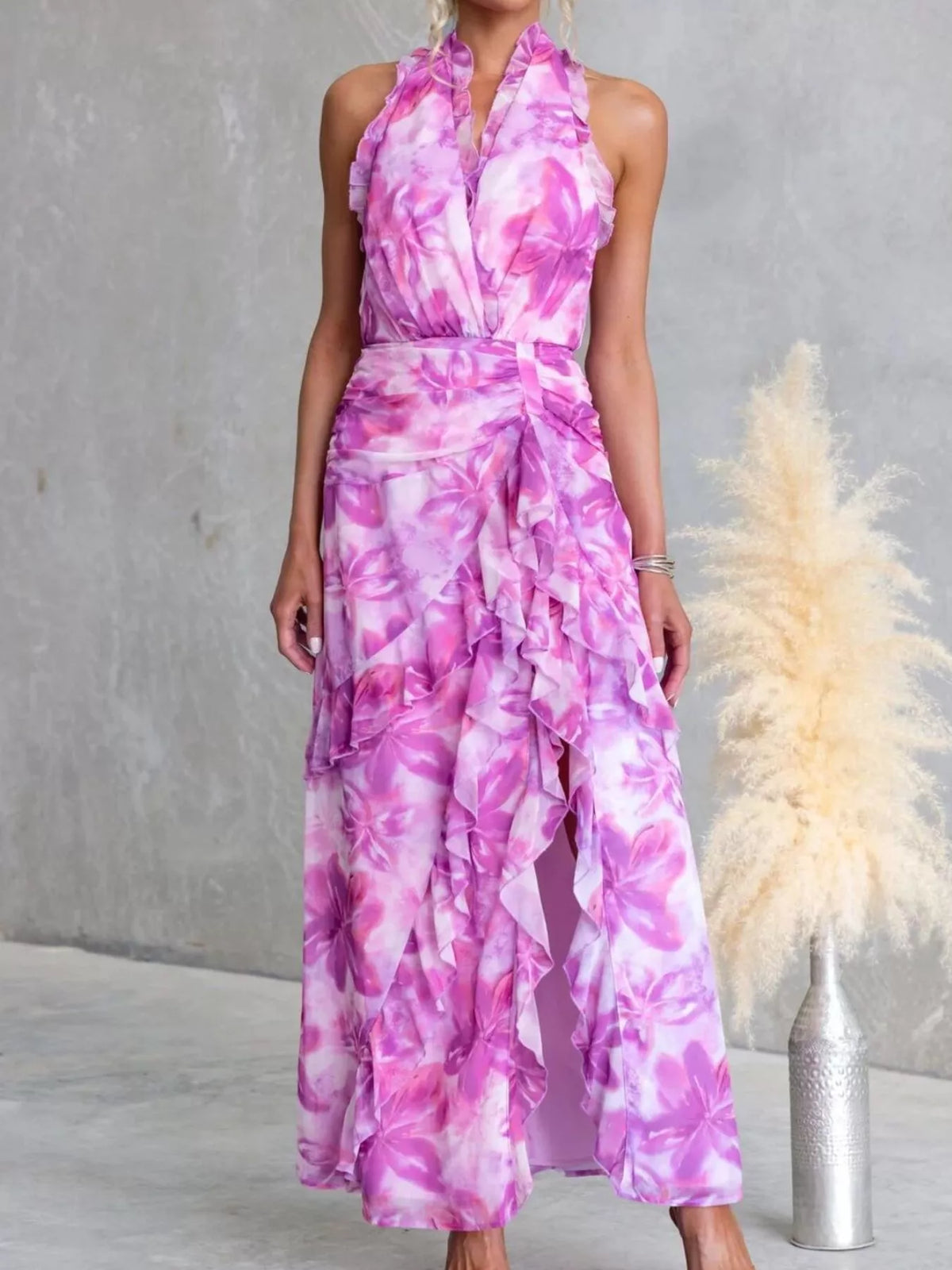 Floral halter maxi dress waist detail