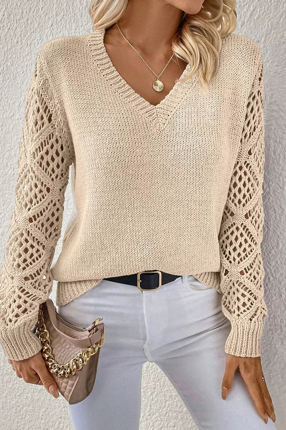 V-neck crochet sleeve sweater in cream front view