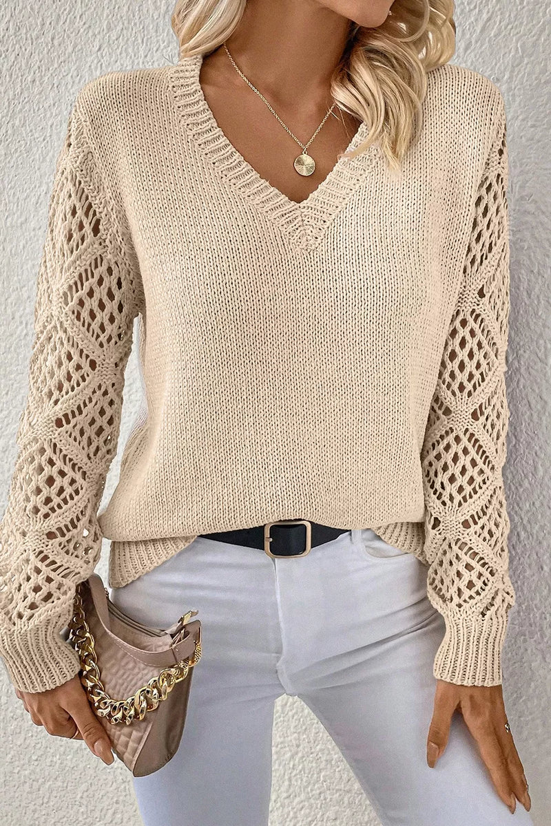 V-neck crochet sleeve sweater in cream front view