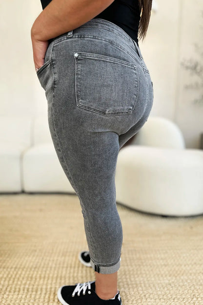 Judy Blue Full Size Button Fly High Waist Cuffed Capris - Fashorio