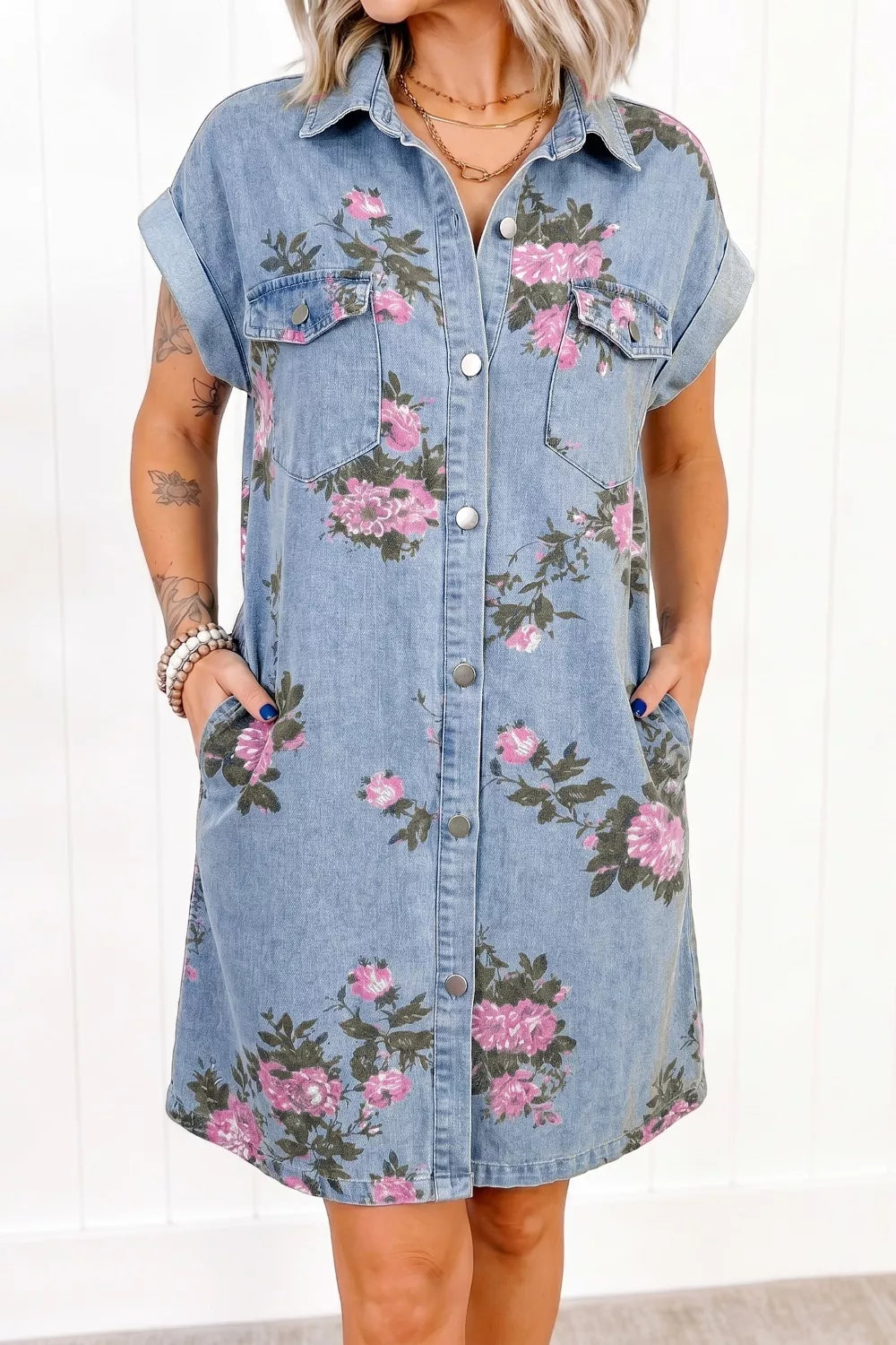 Medium wash floral denim shirt dress back view