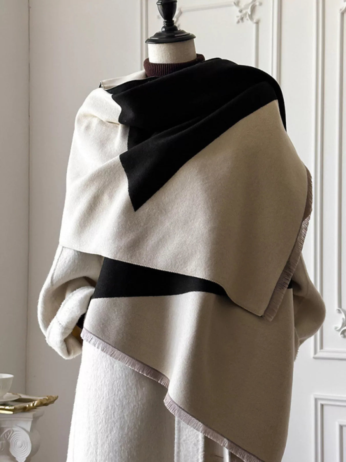 Color block scarf with modern frayed raw hem edge