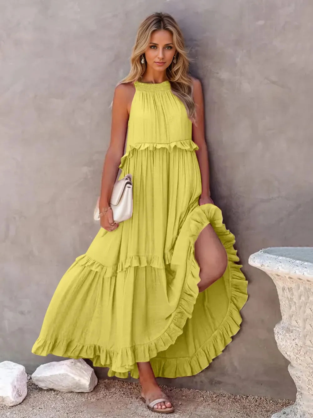Ruffled Sleeveless Tiered Maxi Dress with Pockets - Fashorio