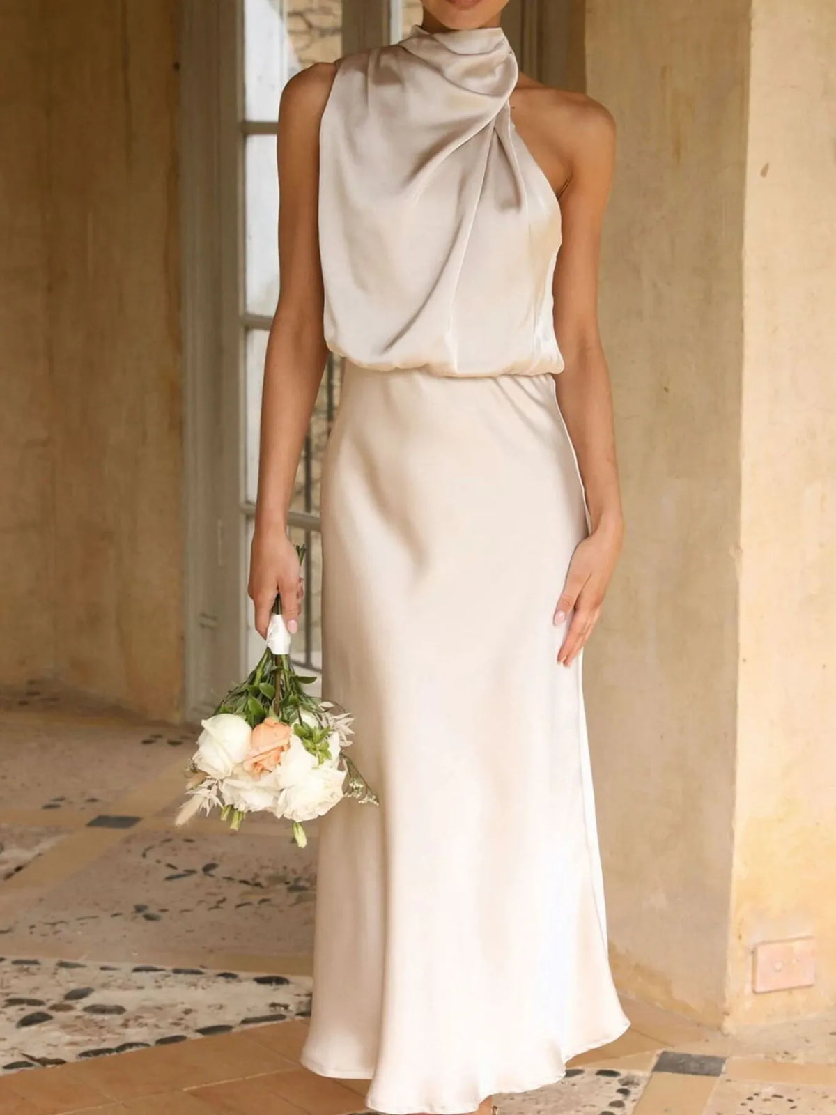 asymmetrical ruched sleeveless midi dress side view
