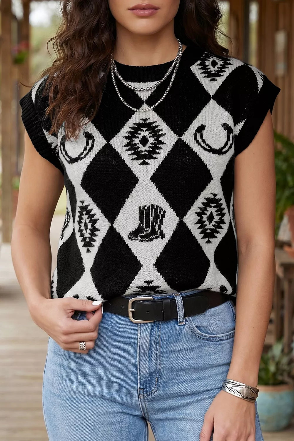 Retro Rhombus Print Drop Shoulder Short Sleeve Sweater