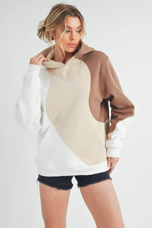 Sand color block kangaroo pocket hoodie front view
