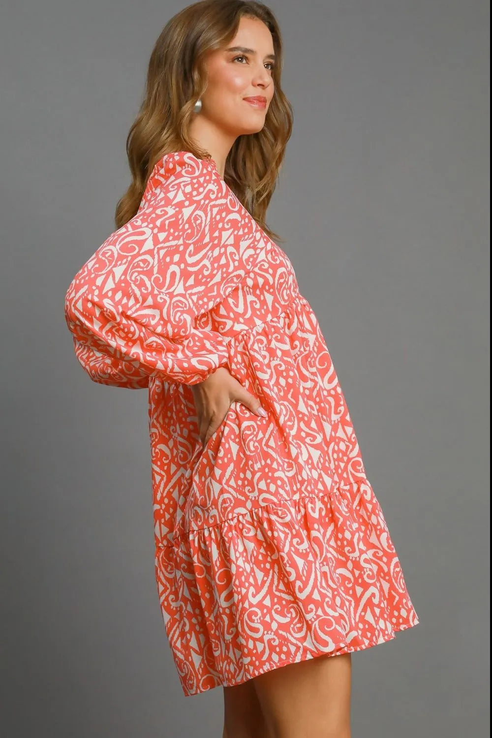 Two Tone Print Balloon Sleeve Tiered Dress back view