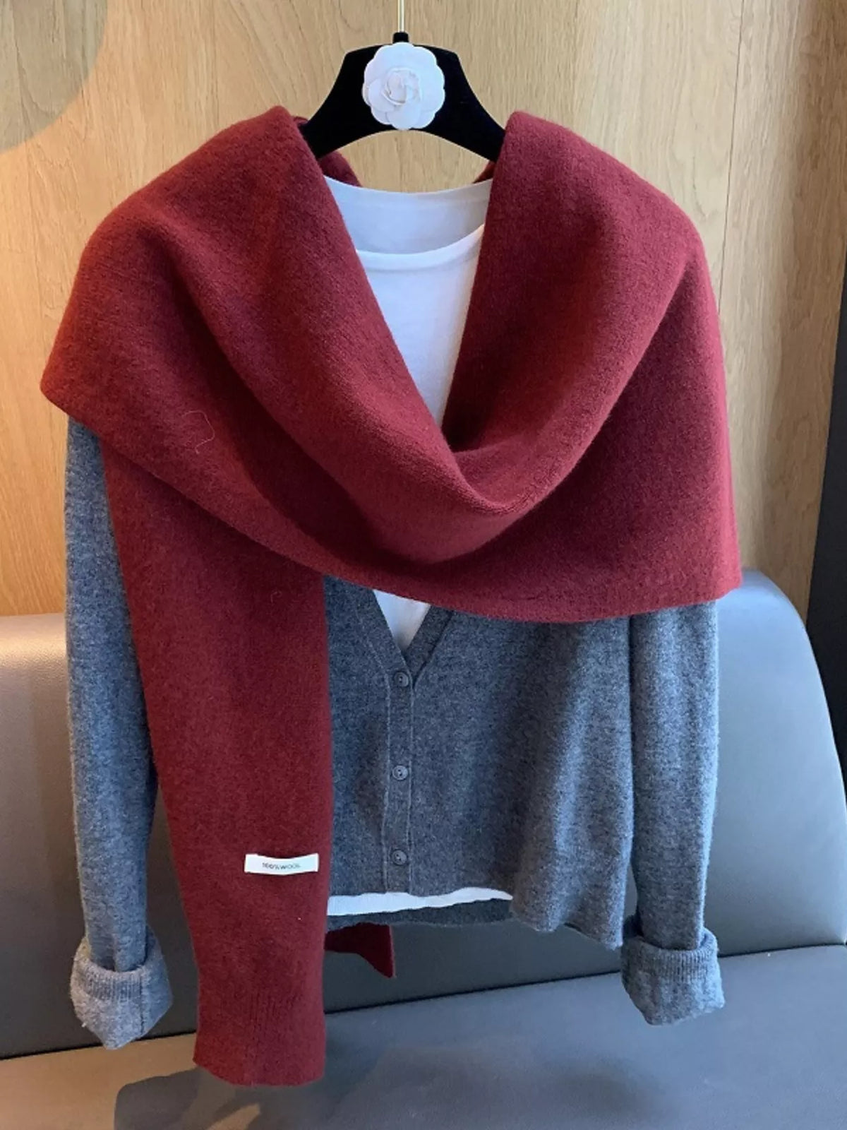 Wool knitted asymmetrical shawl full length