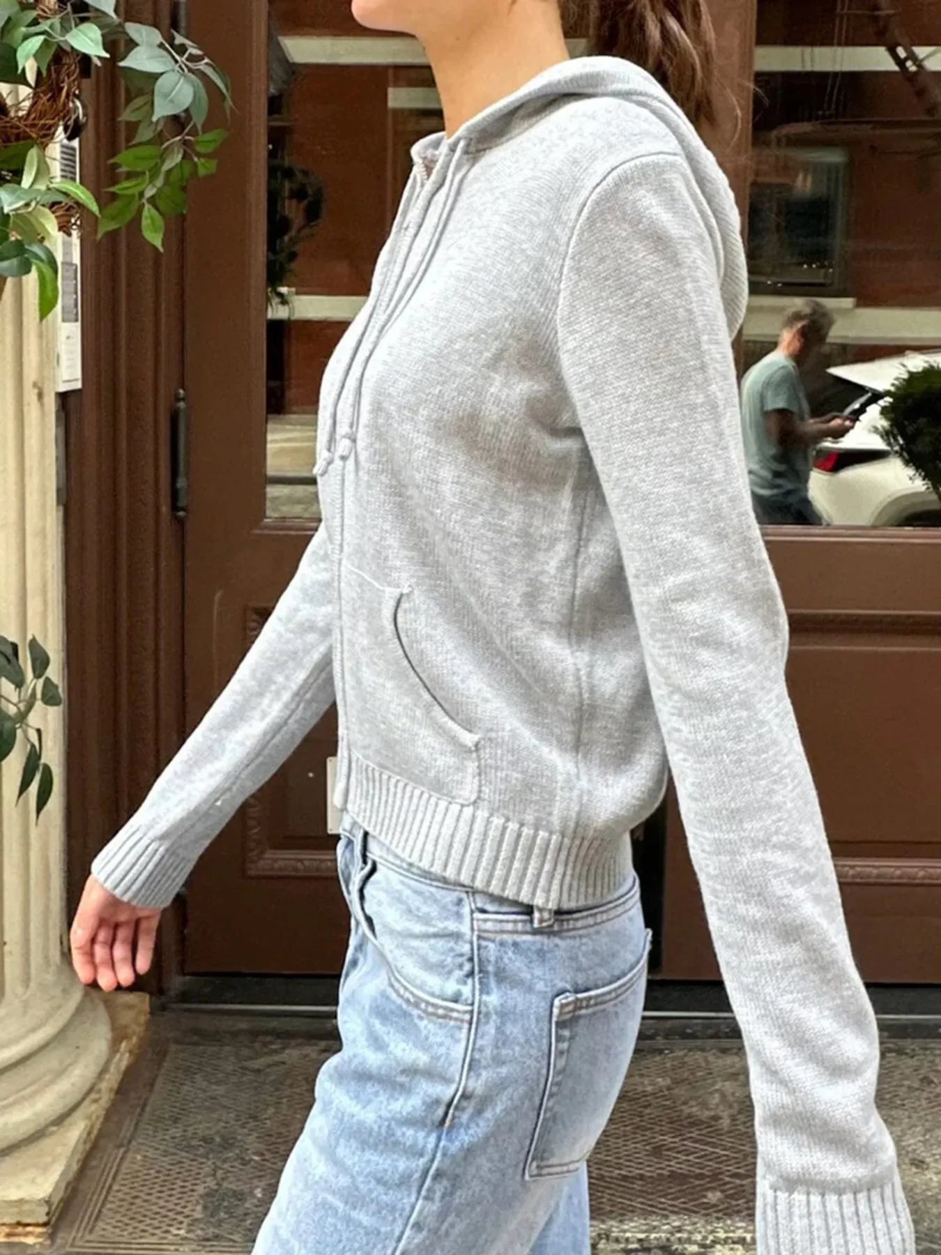 Drawstring Zip Up Long Sleeve Cardigan - Fashorio