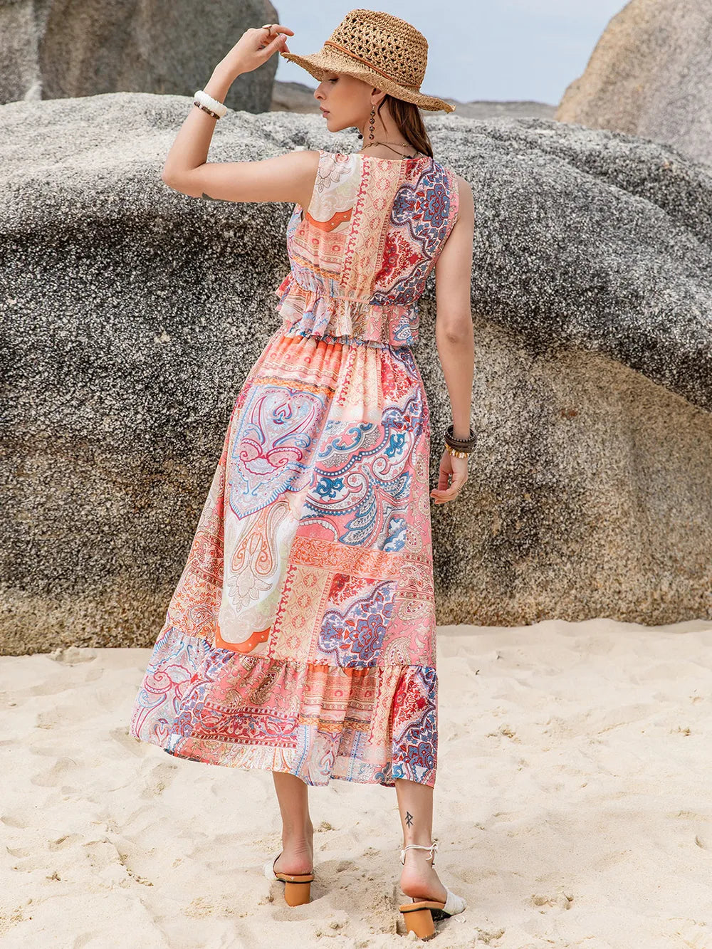 Blush pink ruffled V neck top styling