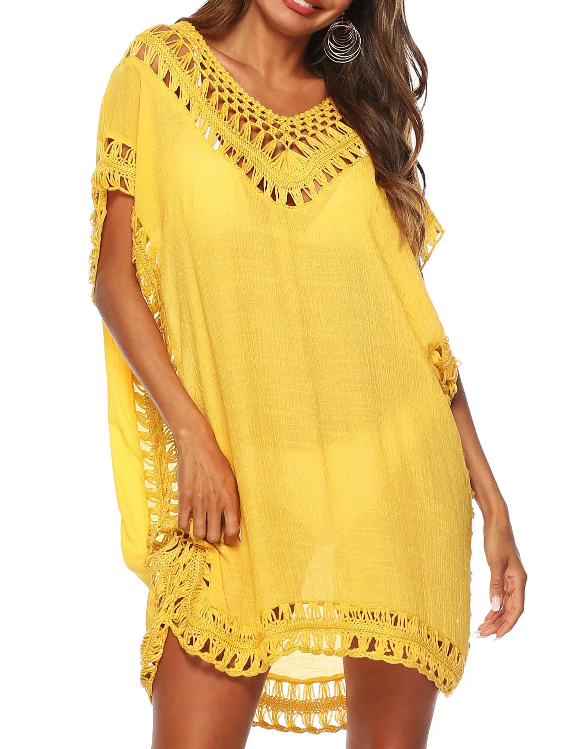 Bohemian Crochet Trim Beach Cover Up Dress Yellow One Size - Fashorio