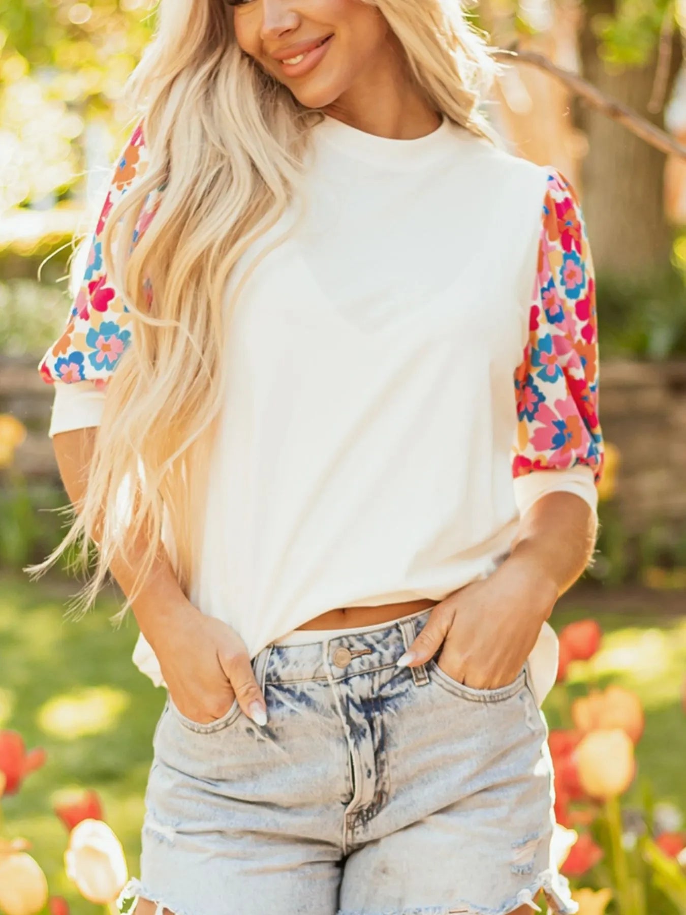 Floral Puff Sleeve Round Neck T-Shirt - Fashorio