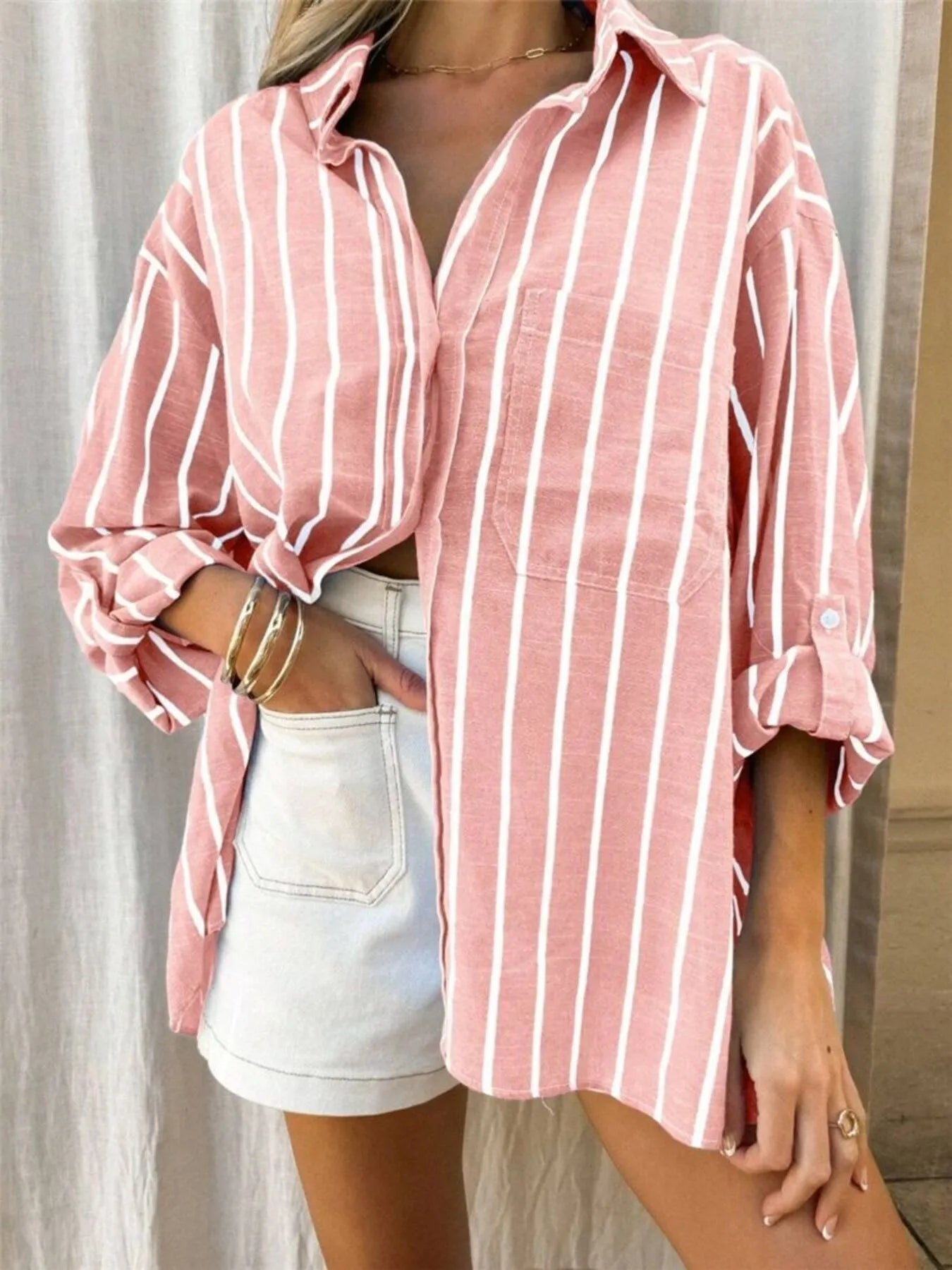 Striped Button-Up Shirt with Chest Pocket - Fashorio
