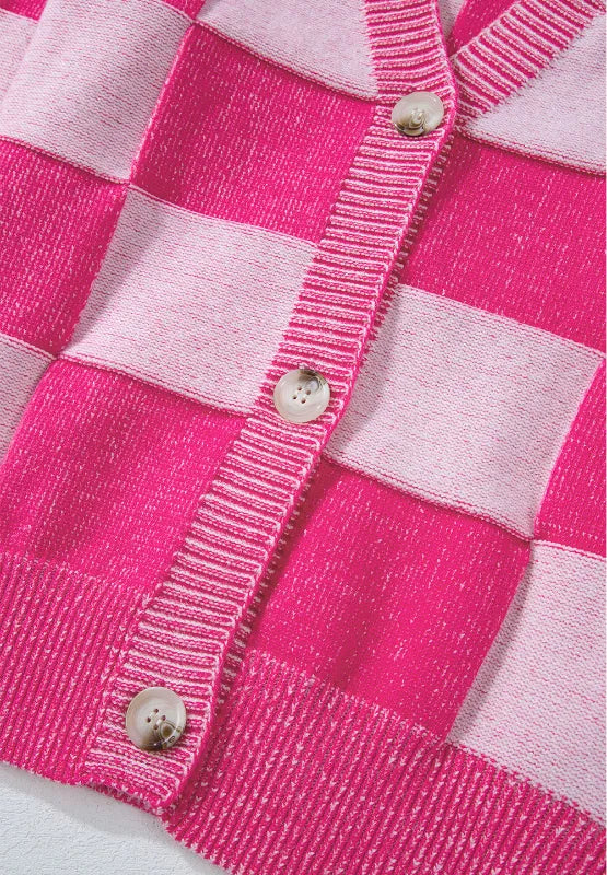 Checkered V-Neck Long Sleeve Cardigan - Fashorio