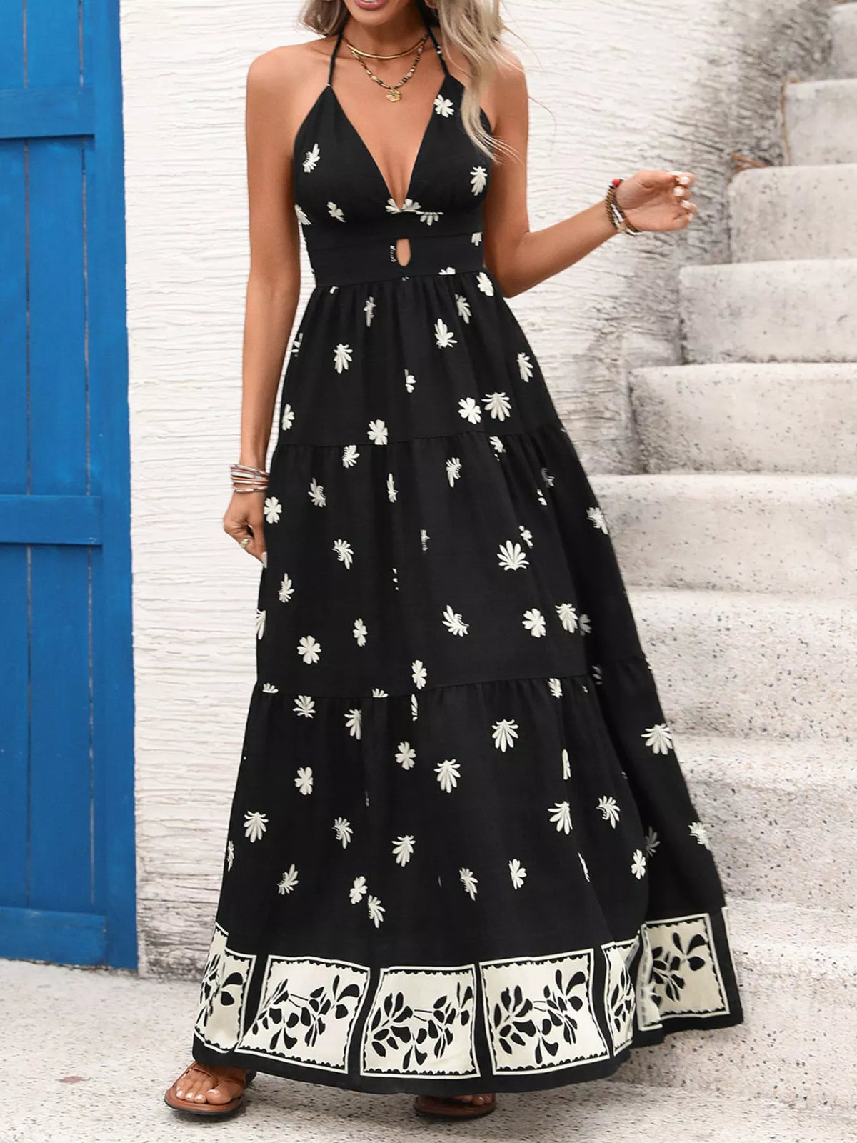 Backless detail on the halter neck maxi dress