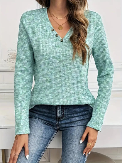 Heathered V-Neck Long Sleeve T-Shirt - Fashorio