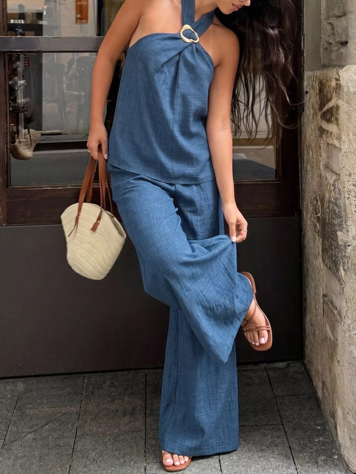 Navy wide leg pants close up