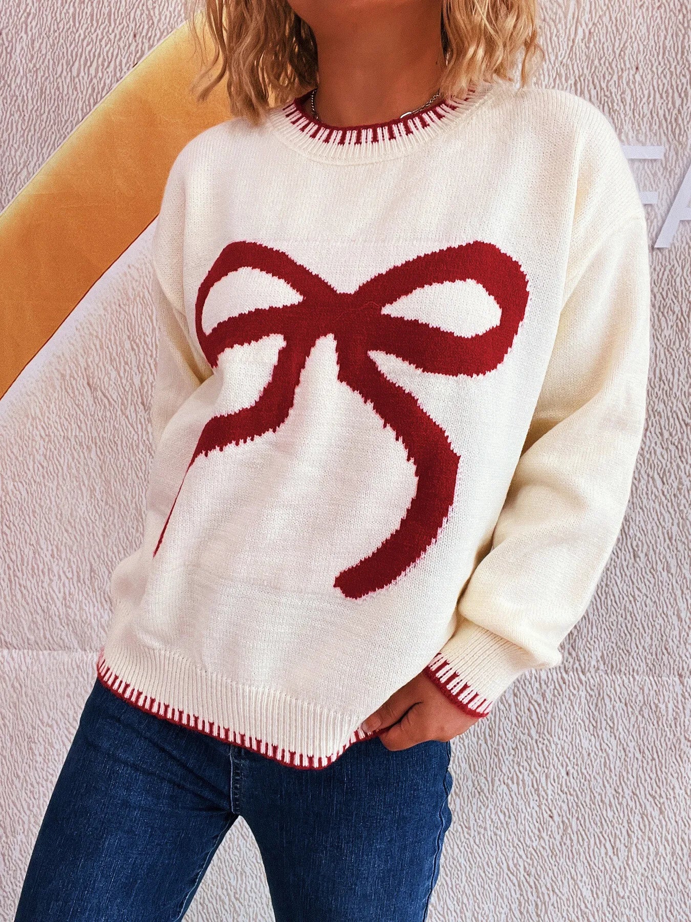 Bow Pattern Round Neck Sweater White One Size - Fashorio