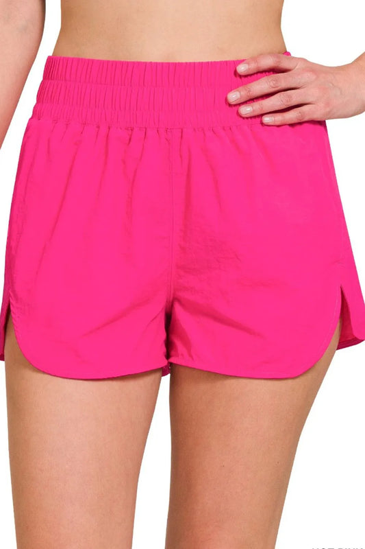 Zenana Windbreaker Smocked Waistband Running Shorts HOT PINK - Fashorio