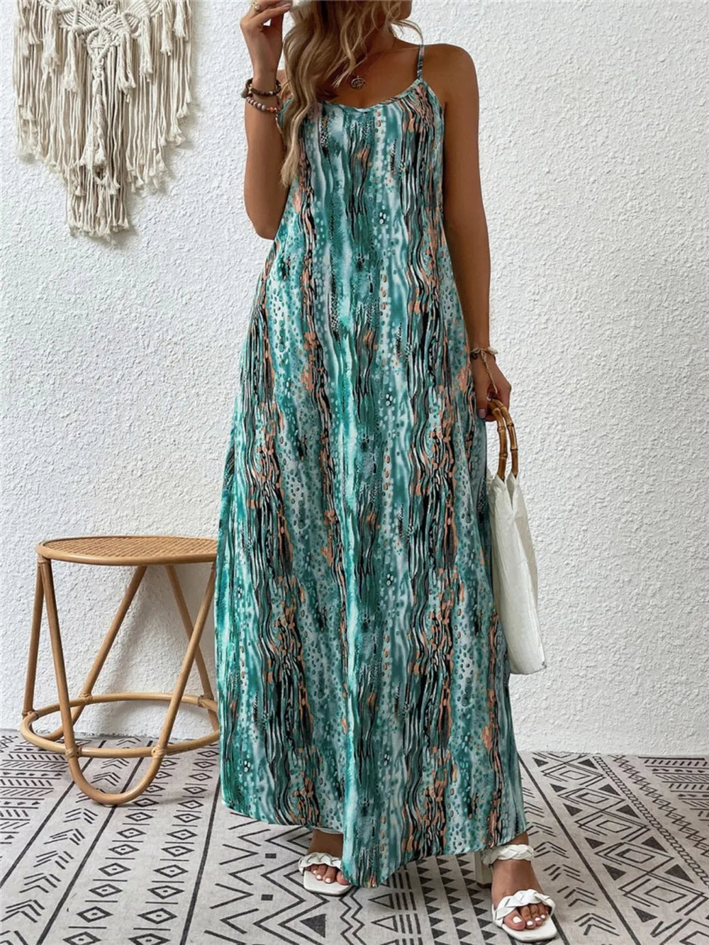 Printed scoop neck maxi cami dress hemline detail