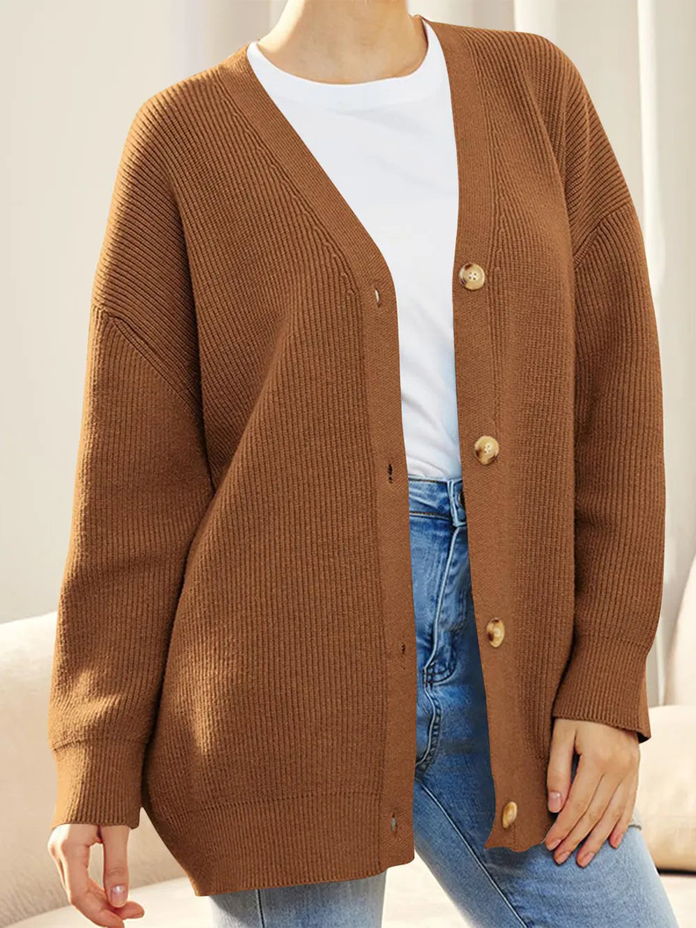 Button Down V-Neck Long Sleeve Cardigan Ochre - Fashorio
