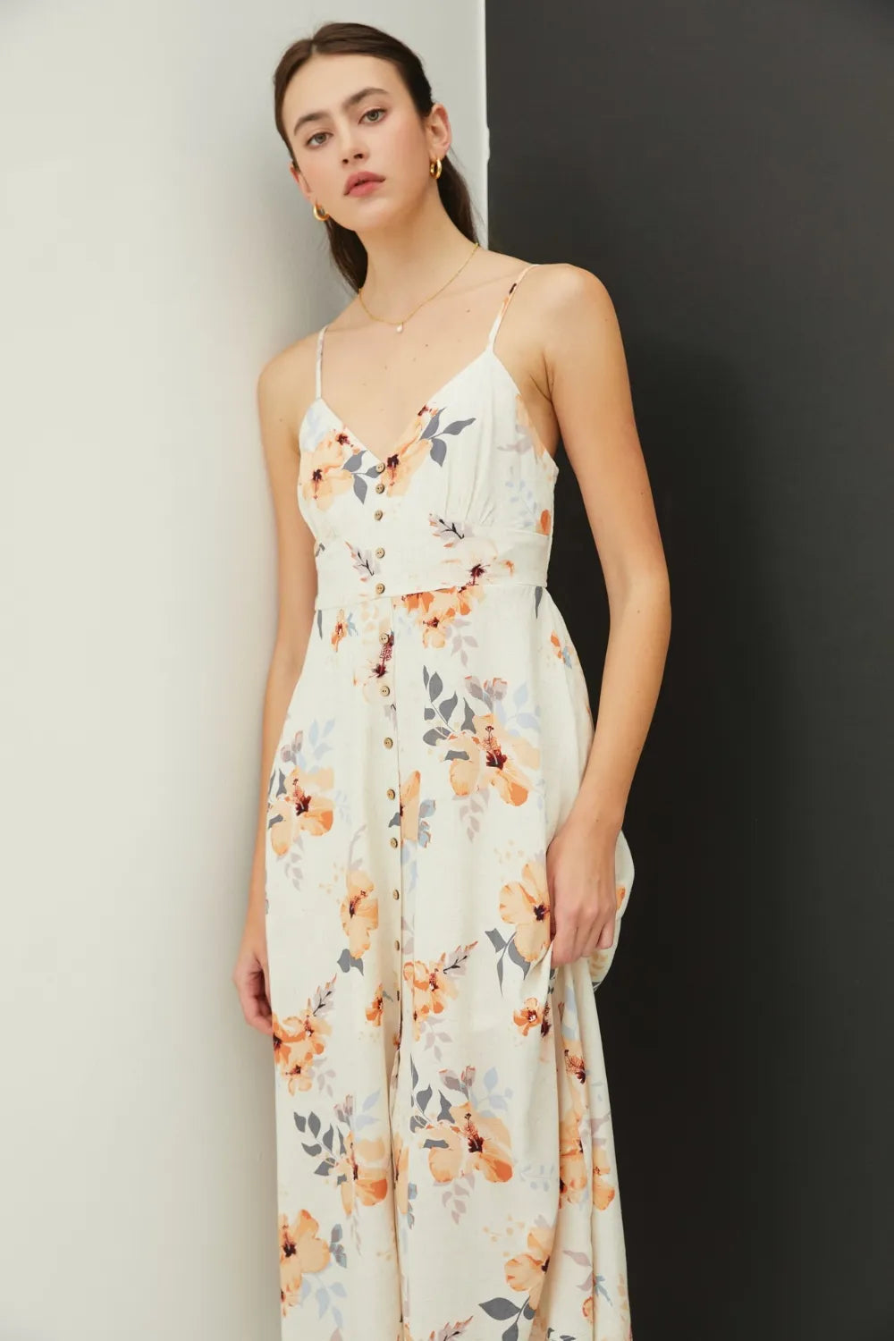 Floral Button Down Cami Midi Dress in Peach