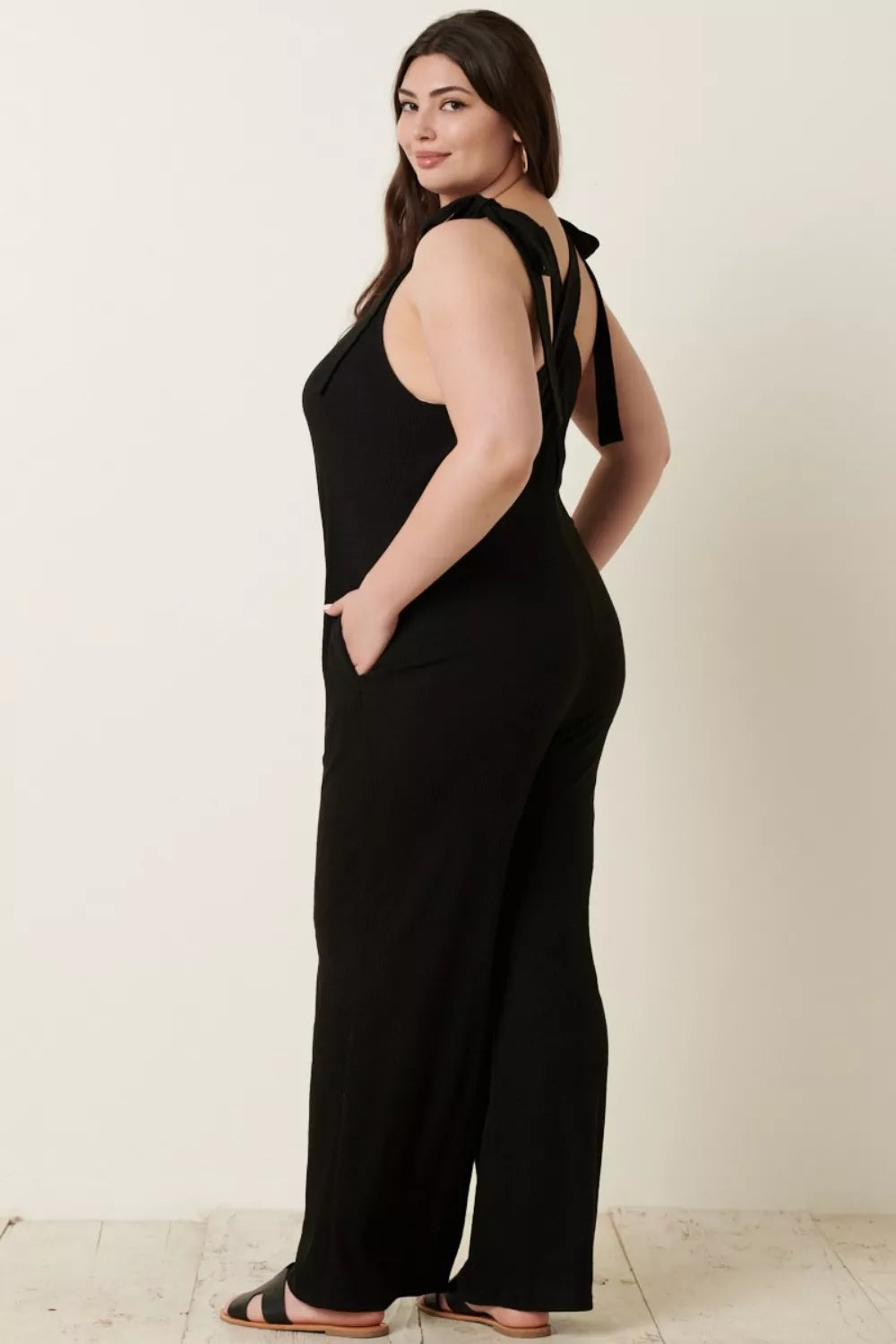 Rib Knit V Neck Cross Back Jumpsuit close up