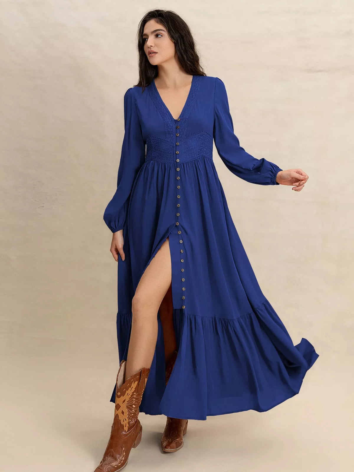 Blue V neck maxi dress full length