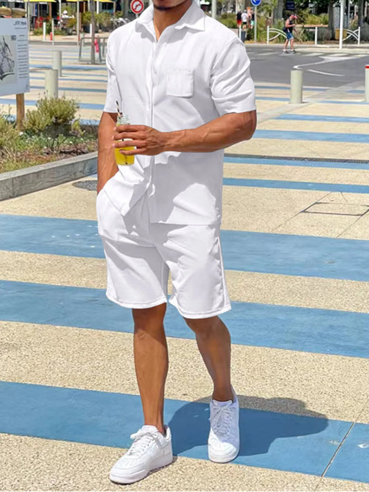 Men's Plus Size Button Up Shirt and Shorts Set White - Fashorio