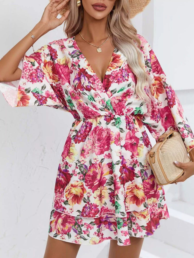 Floral print tiered ruffle hem mini dress front view