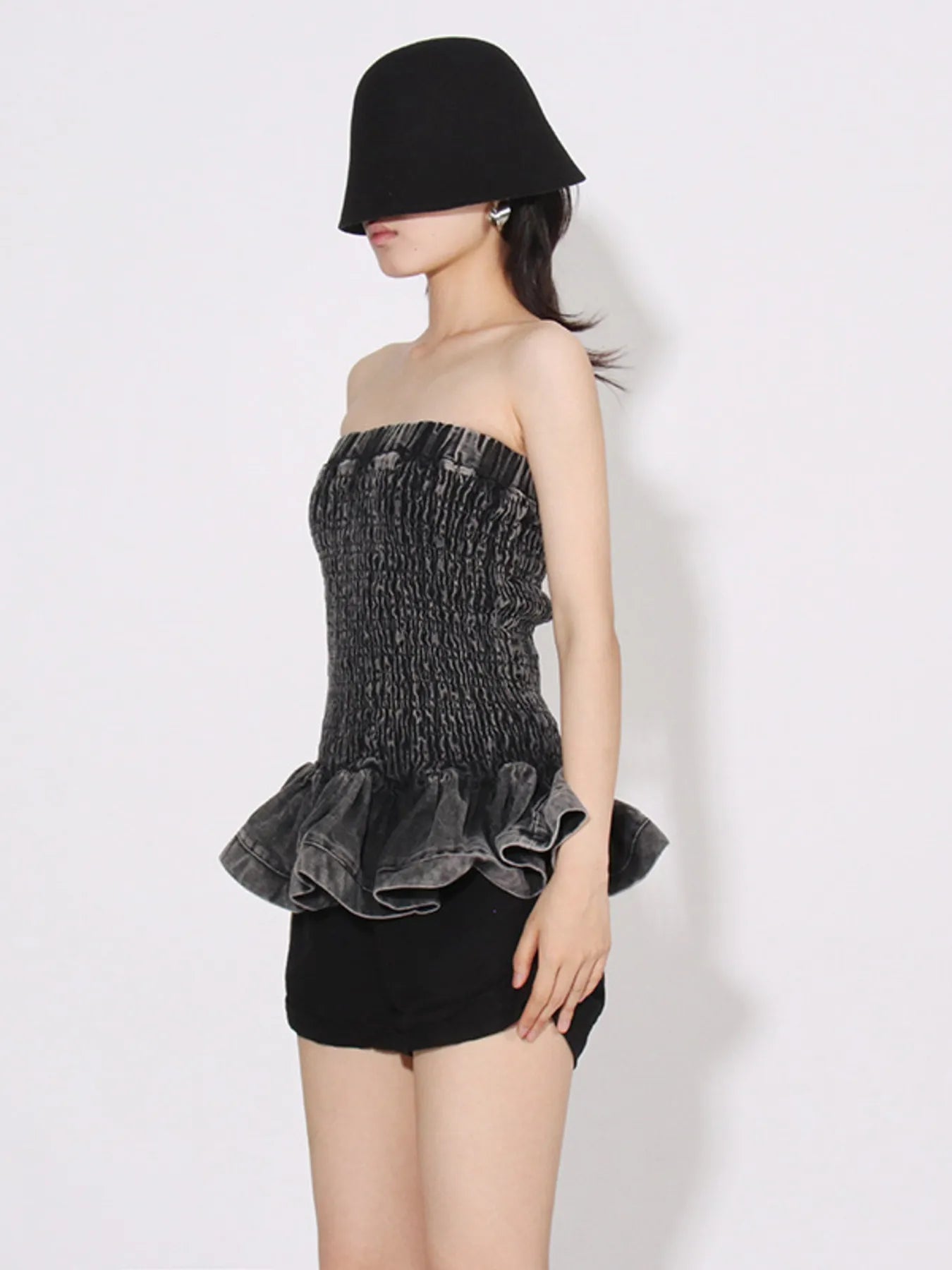 Smocked Ruffled Hem Denim Tube Top Grey One Size - Fashorio