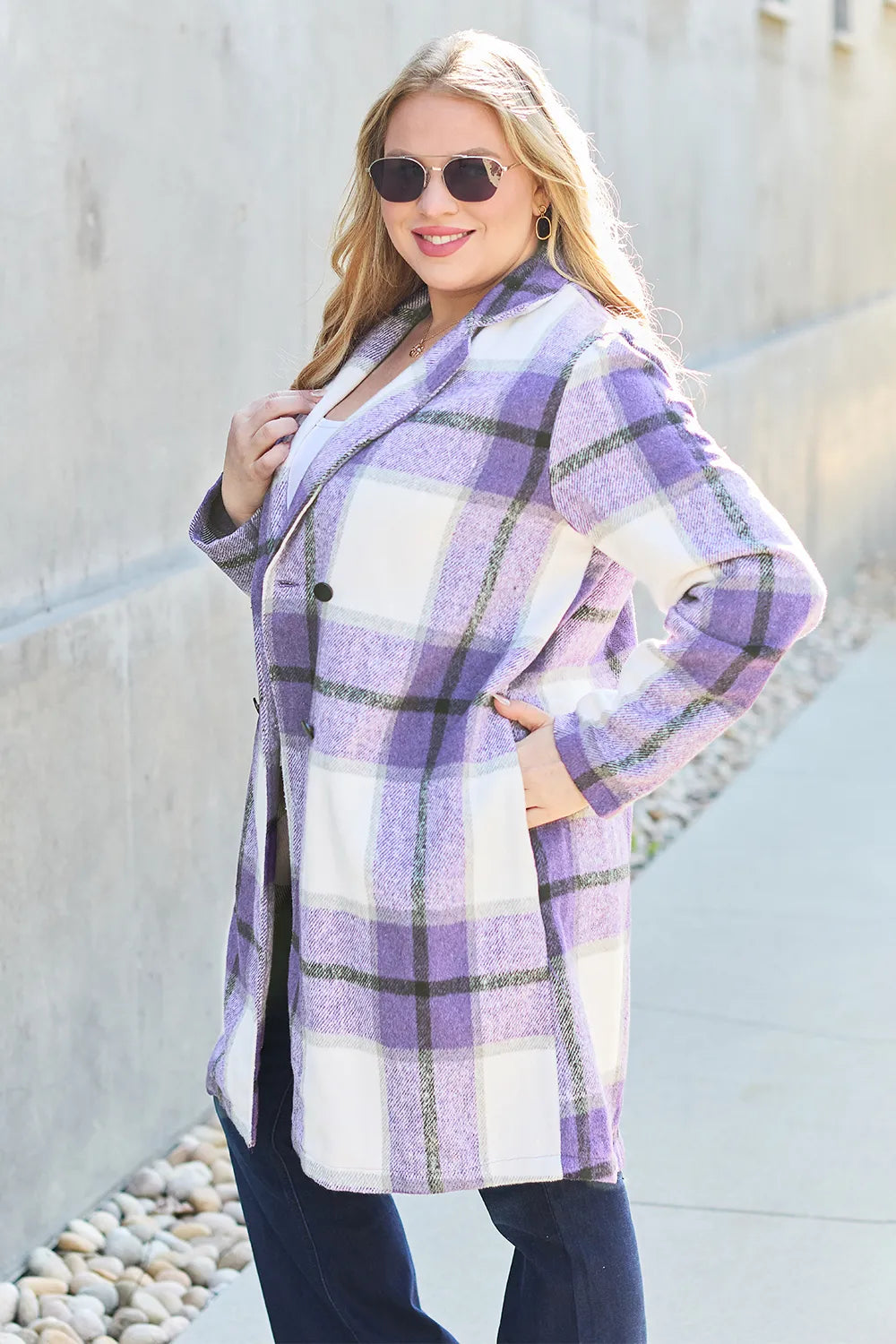 Double Take Full Size Plaid Button Up Lapel Collar Coat - Fashorio