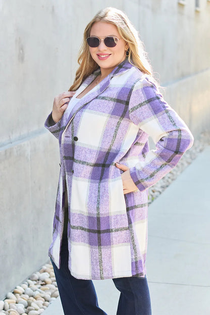 Double Take Full Size Plaid Button Up Lapel Collar Coat - Fashorio