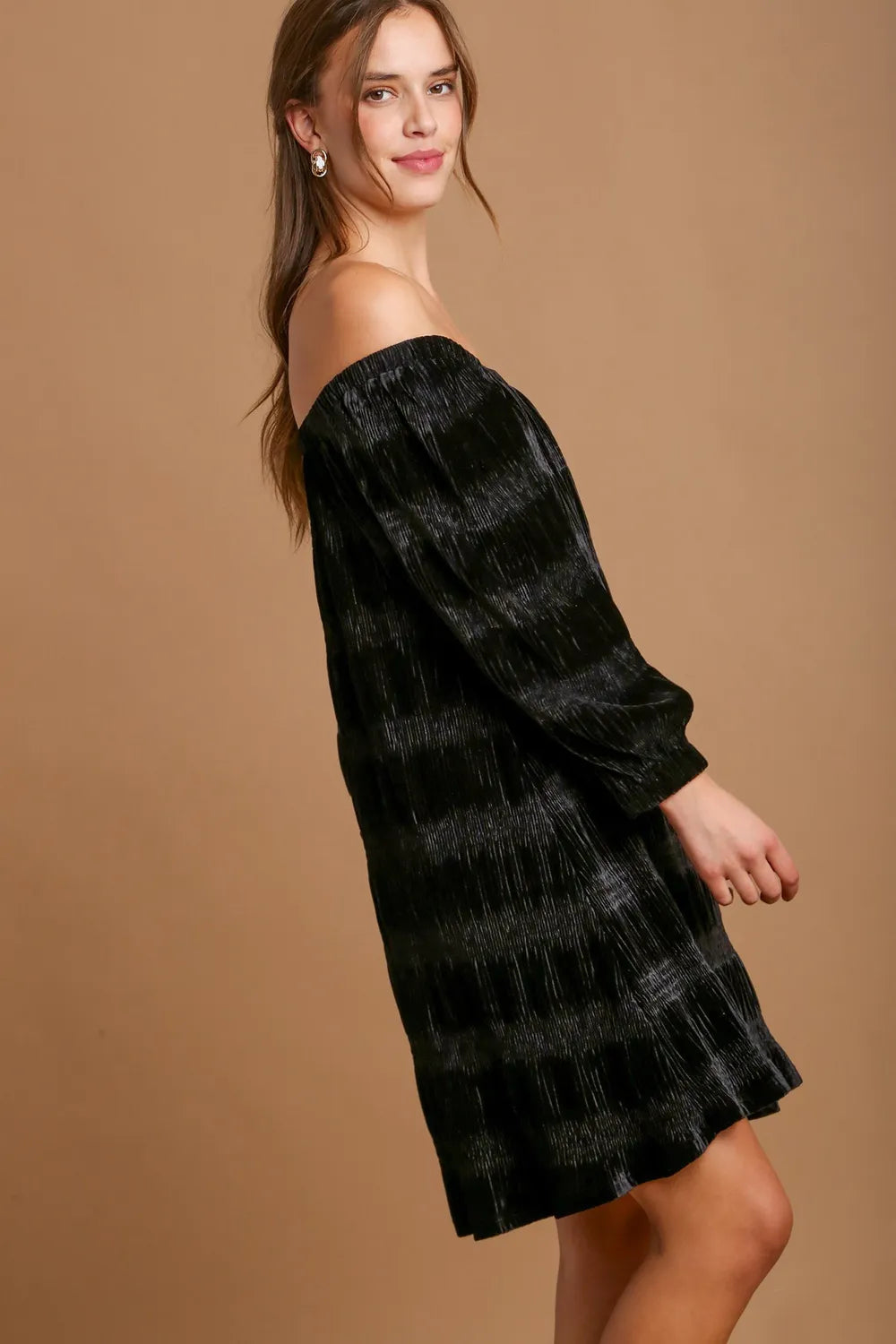 Off Shoulder Velvet Balloon Sleeve Mini Dress in Black side view