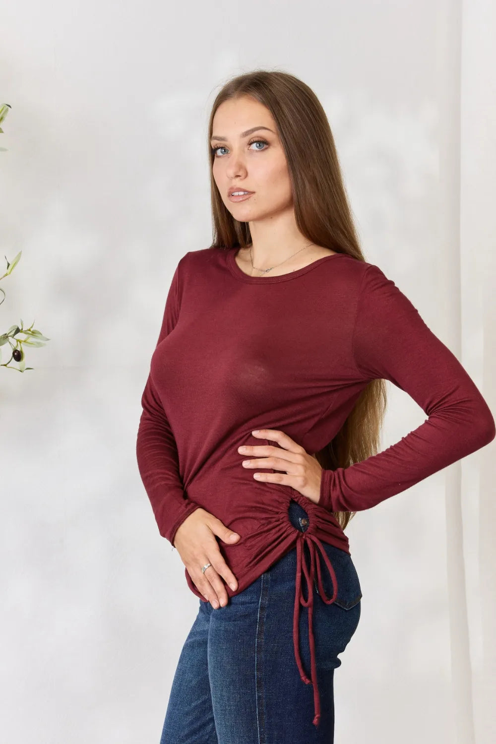 Culture Code Full Size Drawstring Round Neck Long Sleeve Top - Fashorio