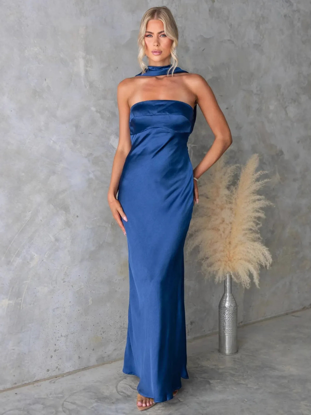 Satin tube maxi dress side view