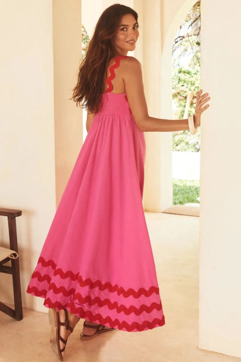 Pink square neck dress contrast trim detail