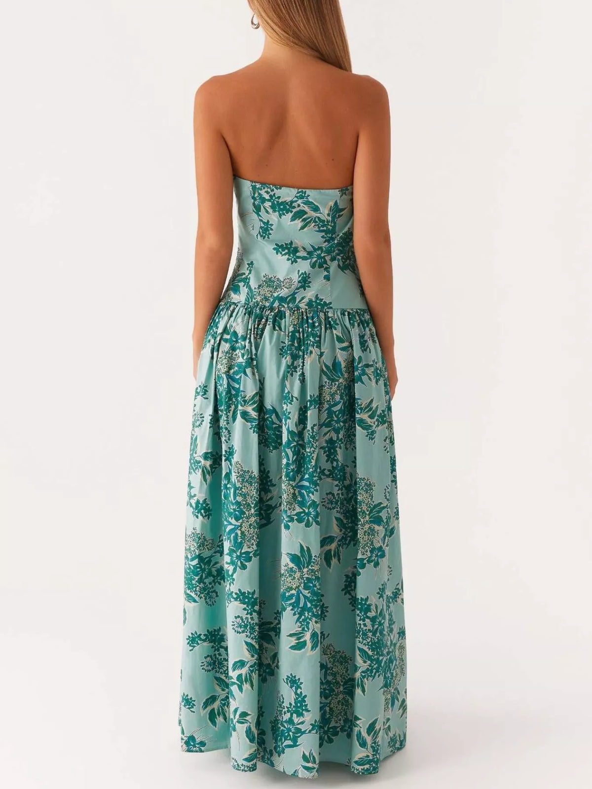 Ruched printed maxi dress back view