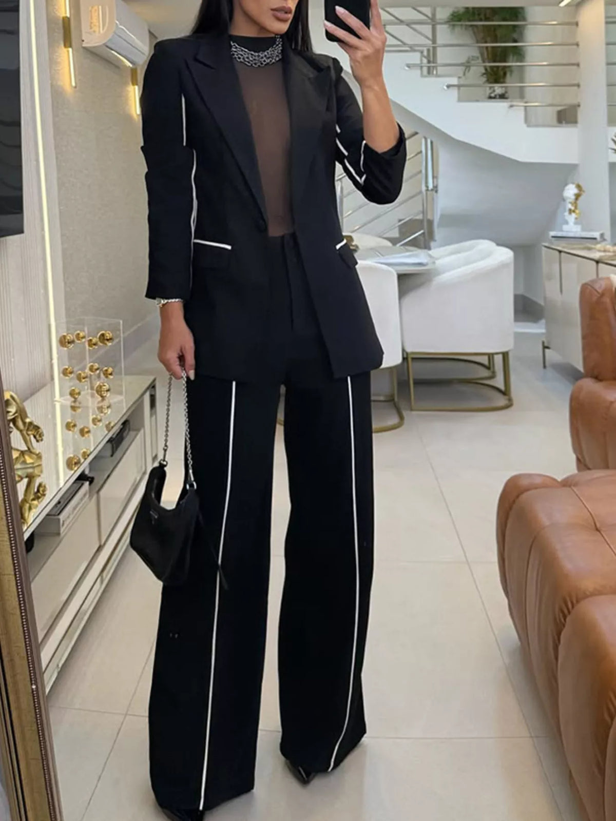 Black contrast trim blazer and wide leg pants two piece set front view