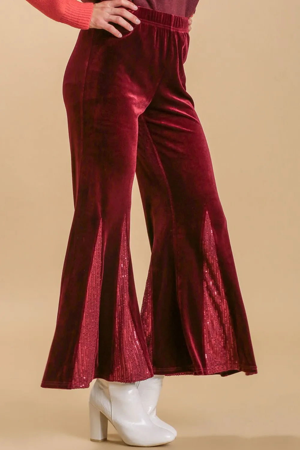 Umgee Full Size Sequin Elastic Waist Velvet Stretch Flare Leg Pants Plus Size Burgundy - Fashorio