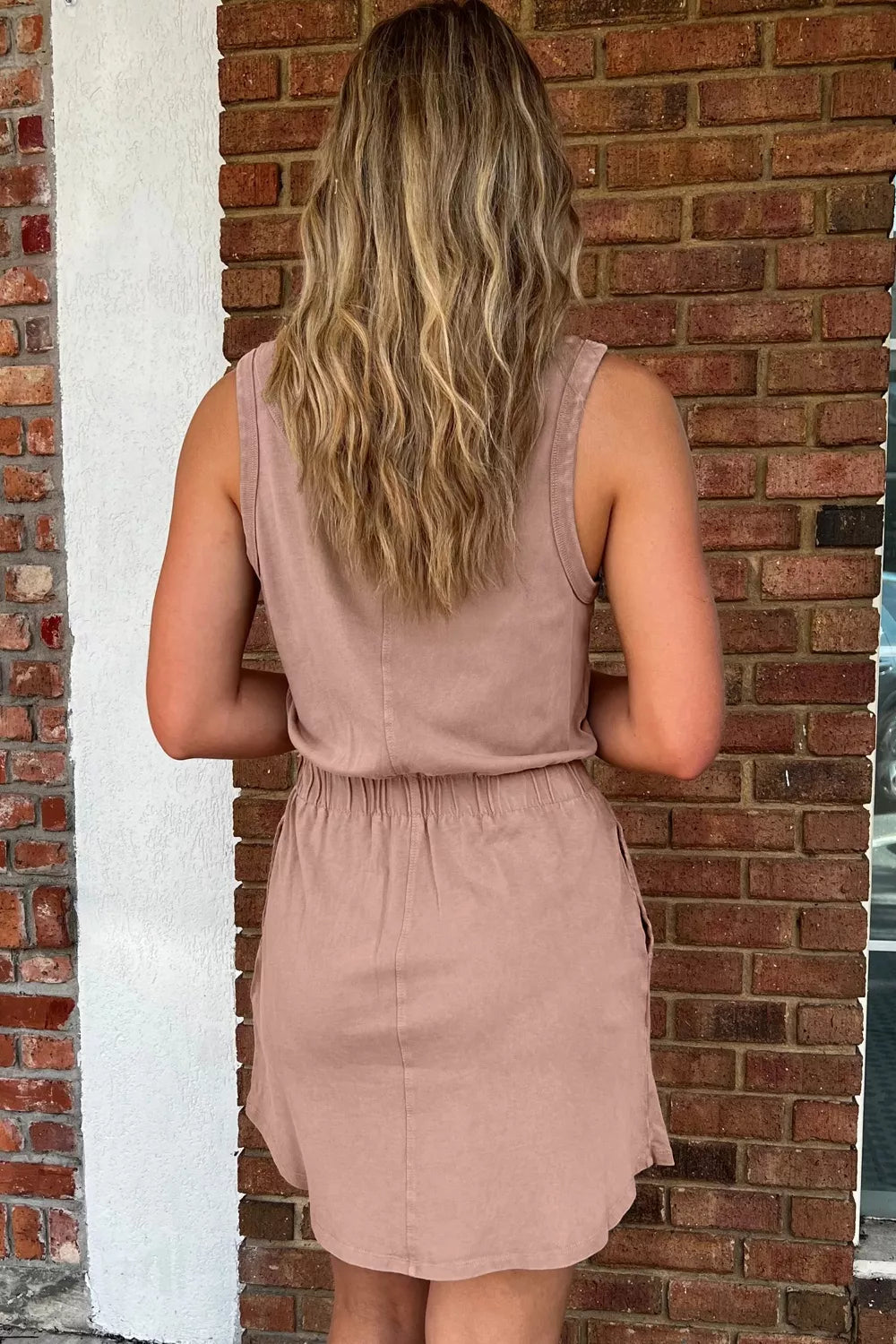 Khaki sleeveless elastic waist pocket dress side view