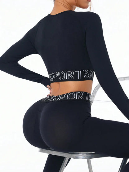 Letter Print Round Neck Long Sleeve Top and Leggings Active Set - Fashorio