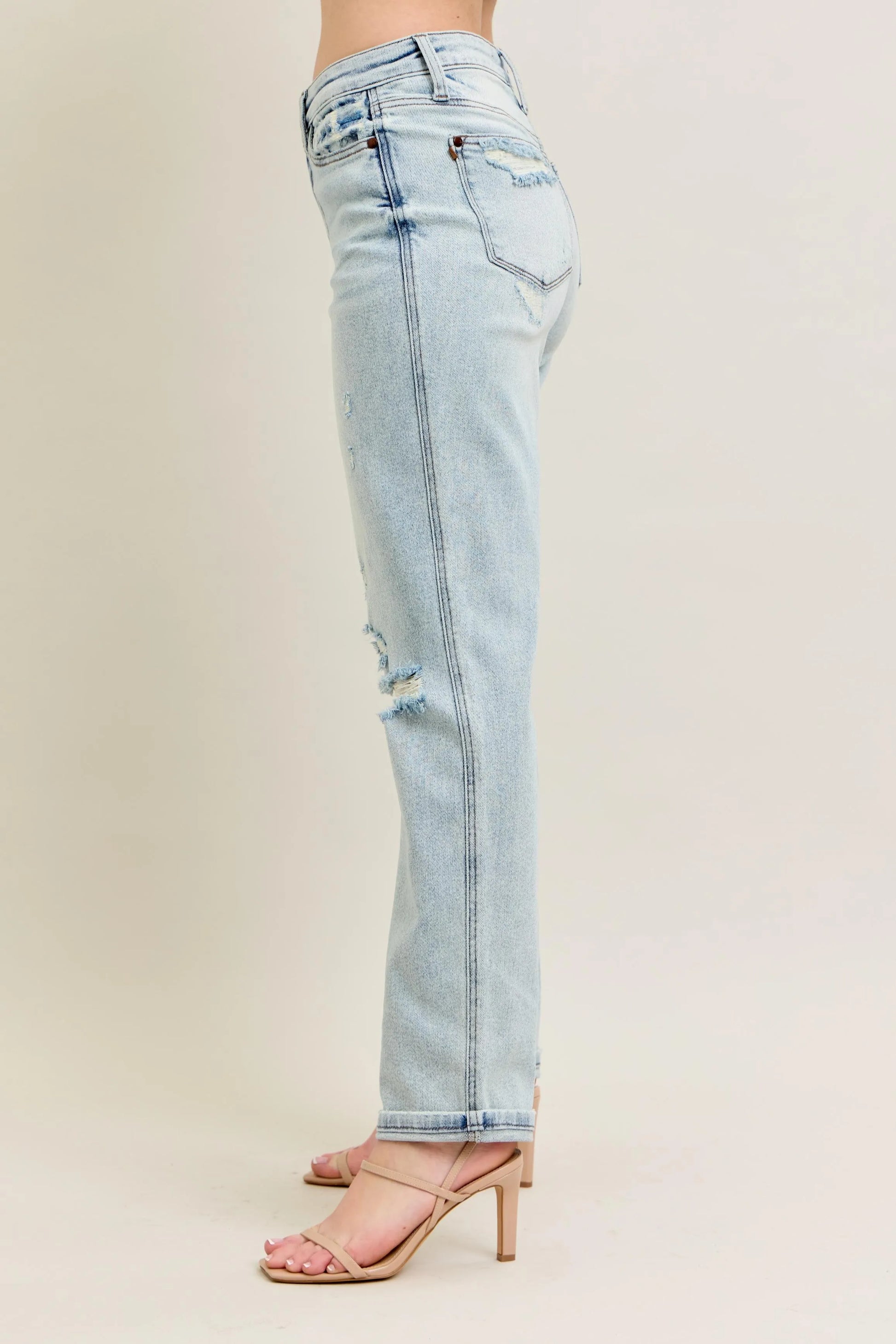 Judy Blue Full Size Mr Repair Stitch Detail Destroy Single Cuff Bf Jeans Plus Size - Fashorio