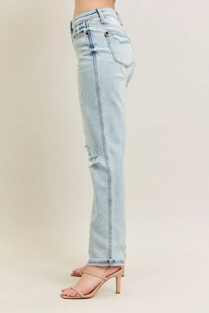 Judy Blue Full Size Mr Repair Stitch Detail Destroy Single Cuff Bf Jeans Plus Size - Fashorio